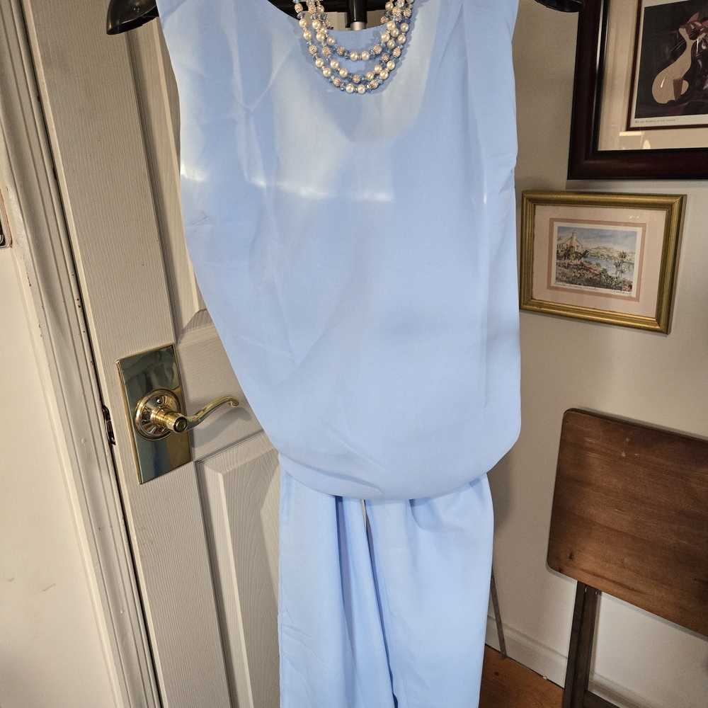 Light Blue Women's Chiffon Layered Tunic and Pant Set - Picture 4 of 5